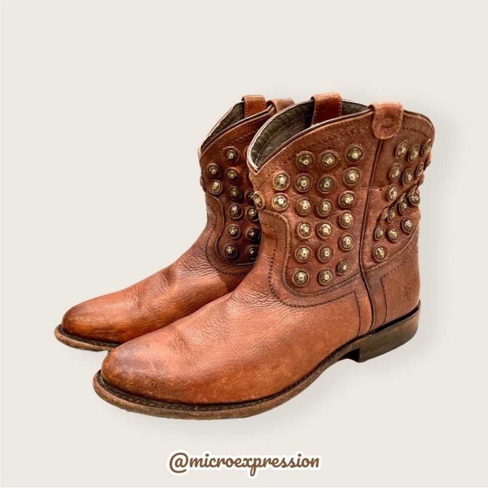 Frye Wyatt Disc Leather Brown Cowboy Metal Moto Vintage Distressed Ankle Boot - Picture 5 of 9